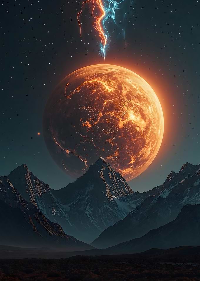 Fiery Planet Over Mountain Range