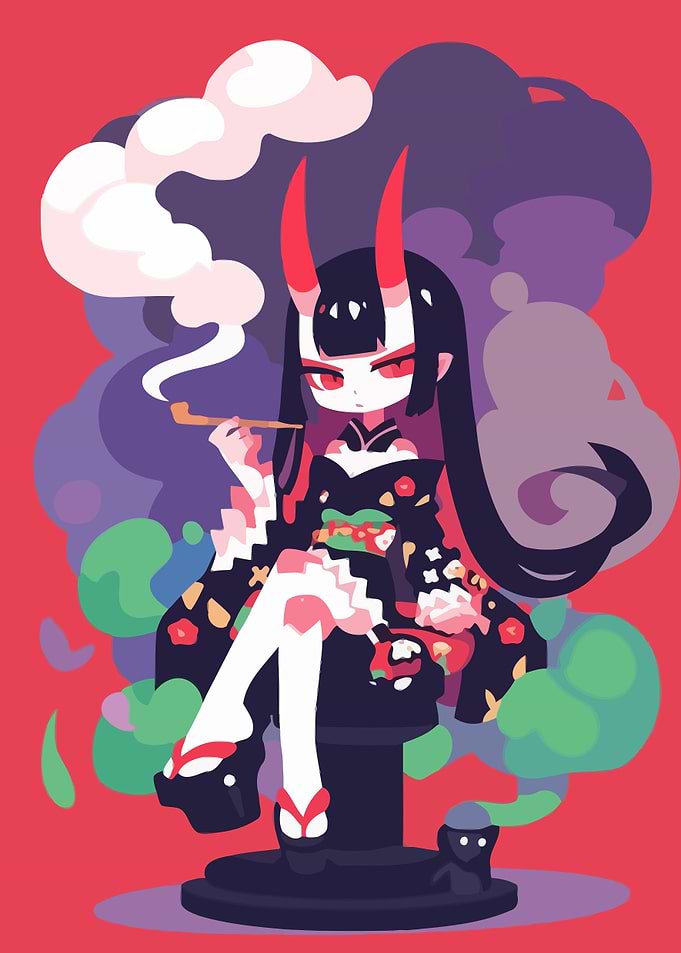 Horned Girl Smoking Pipe Illustration