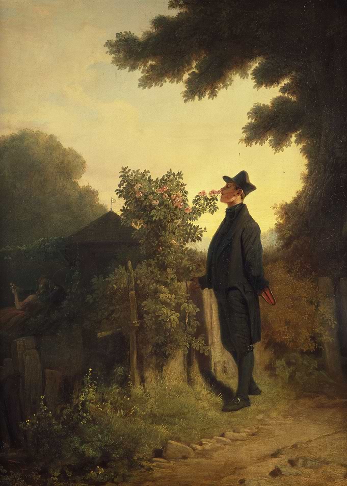 Man Smelling Roses in Garden Painting