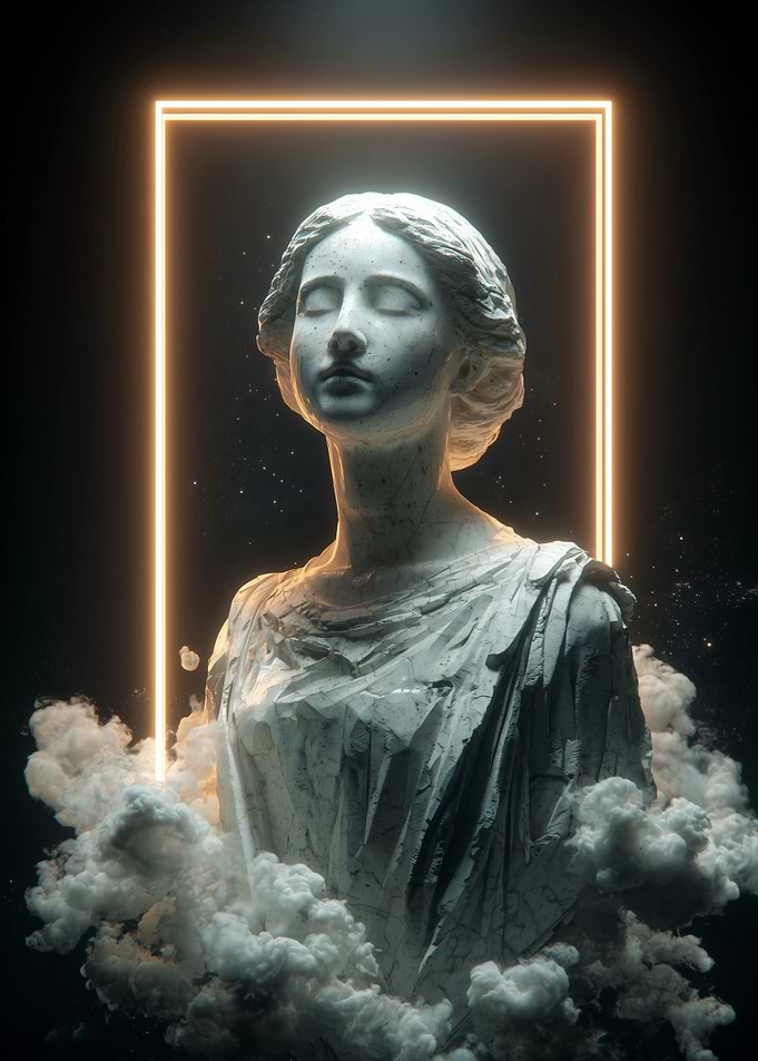 Marble Statue with Neon Frame