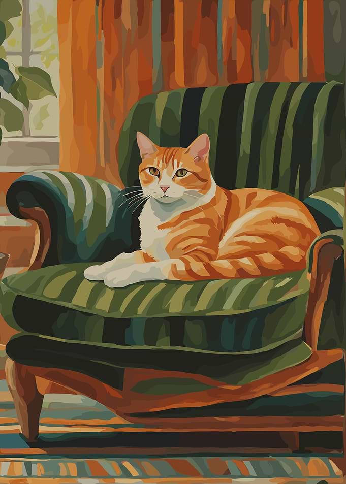 Cat Resting on Green Striped Armchair