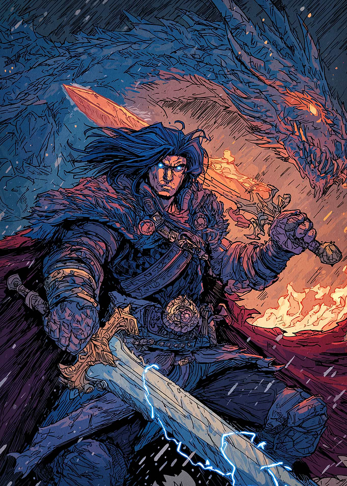 Warrior with Dragon and Swords