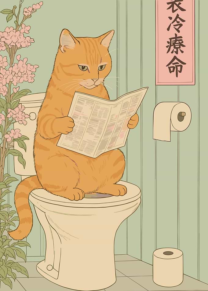 Cat Reading Newspaper on Toilet