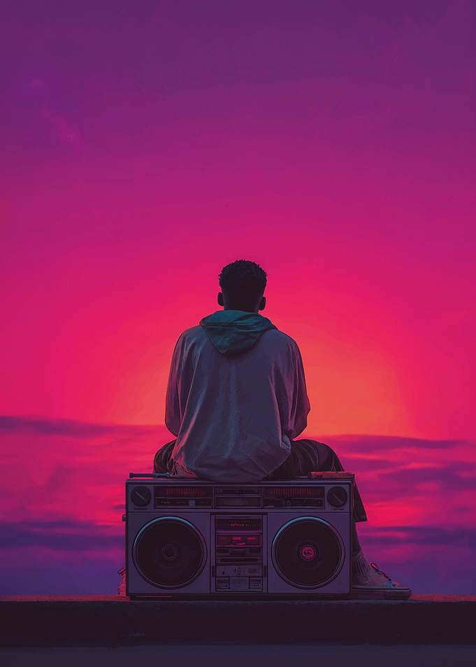 Man Sitting on Boombox at Sunset