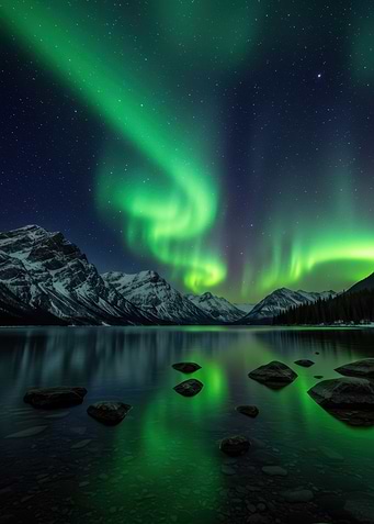 Aurora Borealis over Mountain Lake