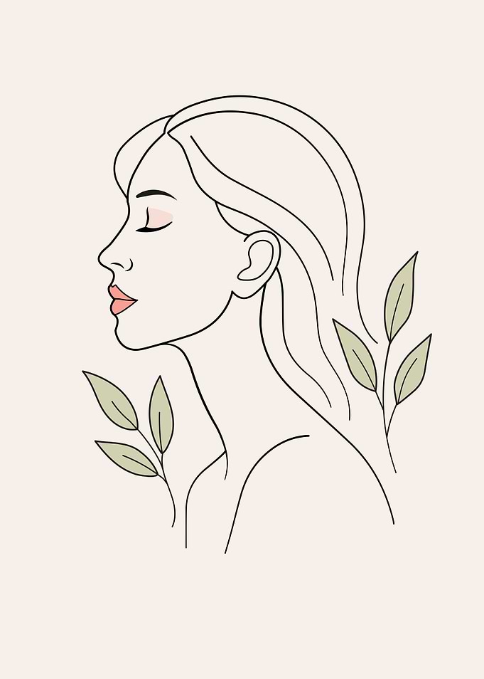 Minimalist Woman Portrait with Green Leaves