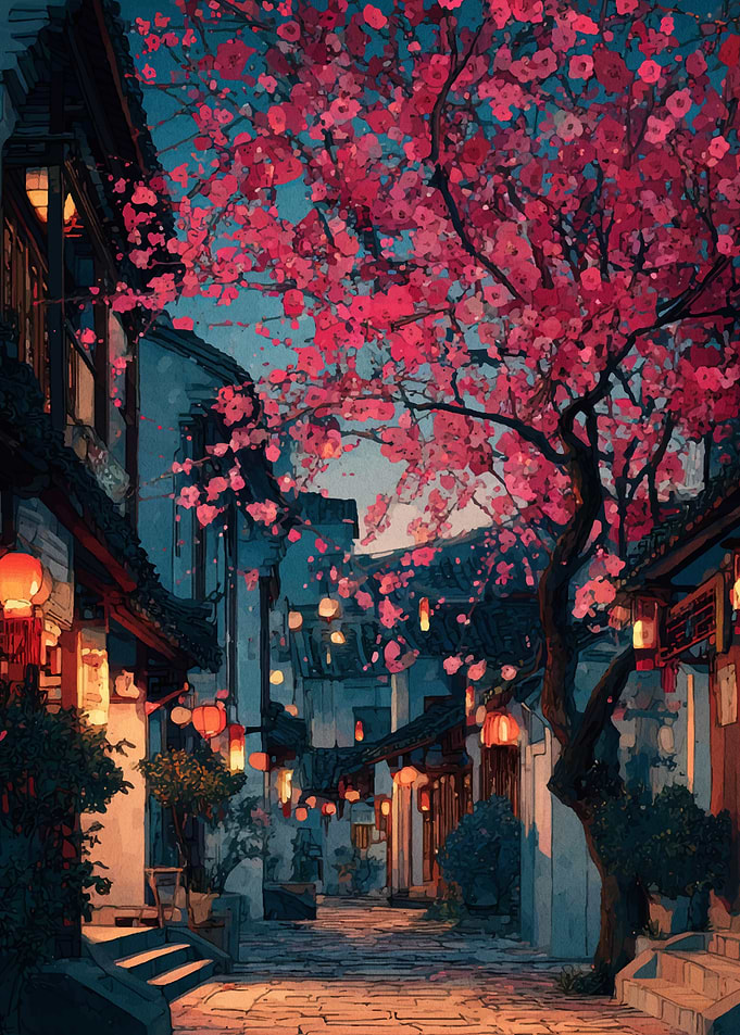 Cherry Blossoms in a Japanese Town