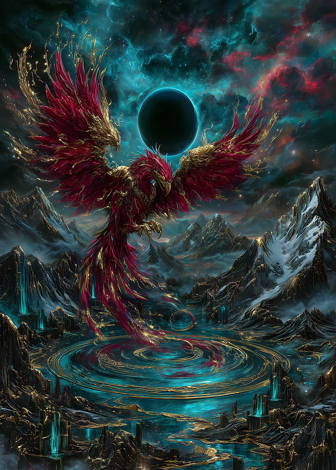Majestic Phoenix Over Mystical Landscape