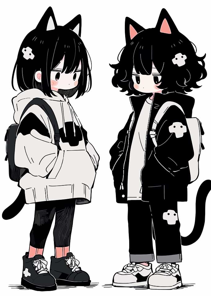 Two Cat-Eared Figures in Casual Wear
