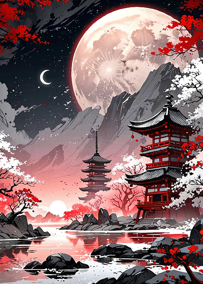 Japanese Pagodas Moon