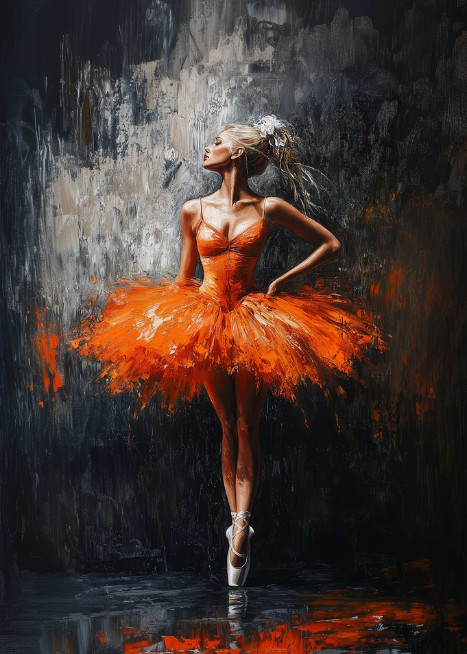 Ballerina in Orange Tutu Painting | Dark ballet artwork