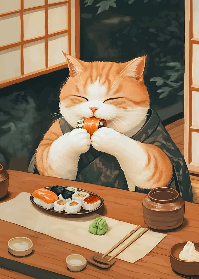 Cat Eating Sushi