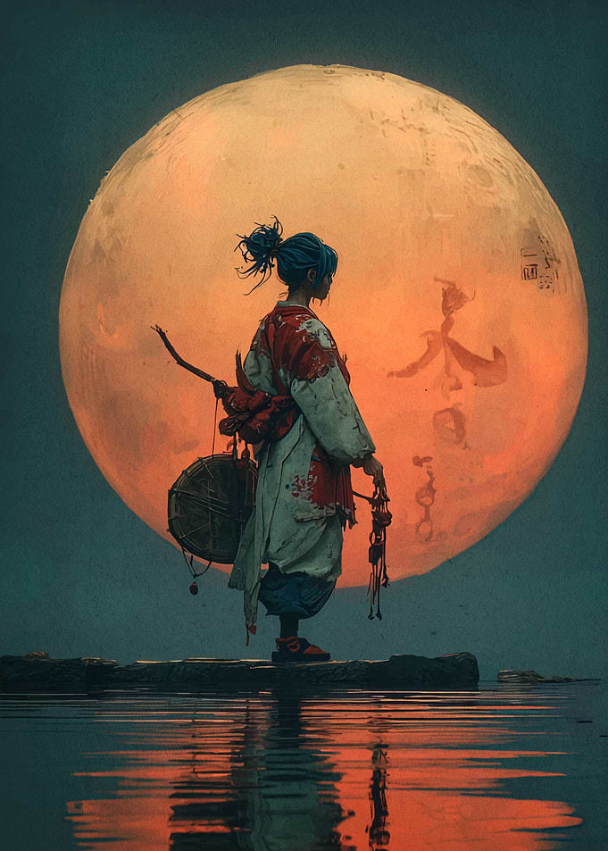 Japanese Woman with Drum and Moon