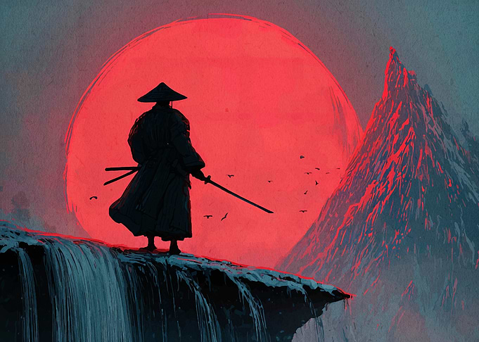 Samurai on Cliff with Red Sun
