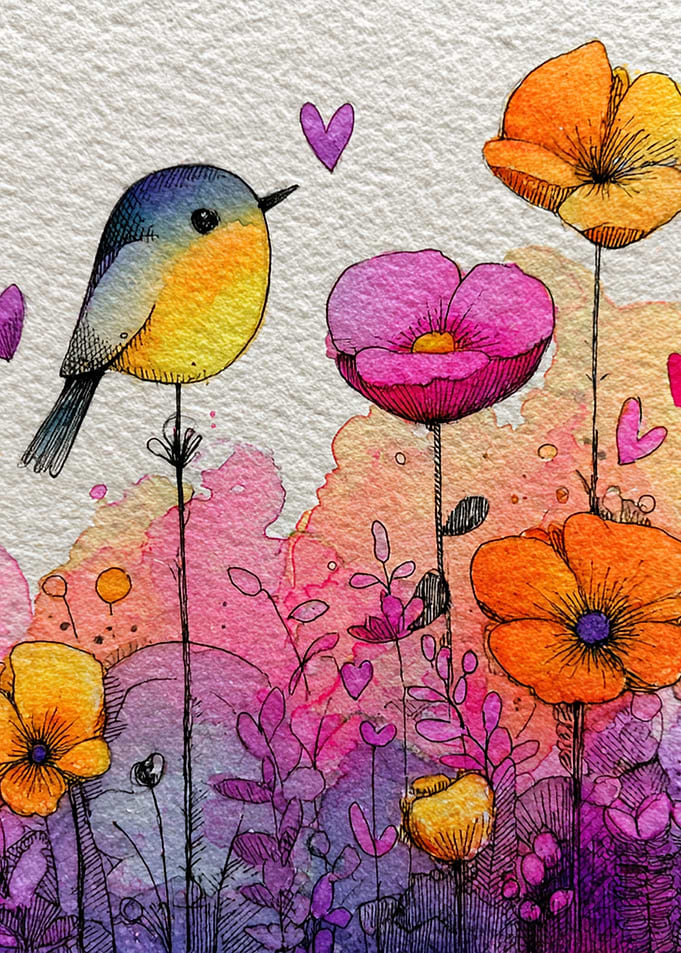 Watercolor Bird and Flower Garden