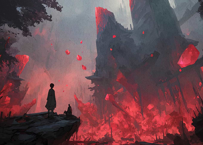 Red Crystal Landscape with Figures