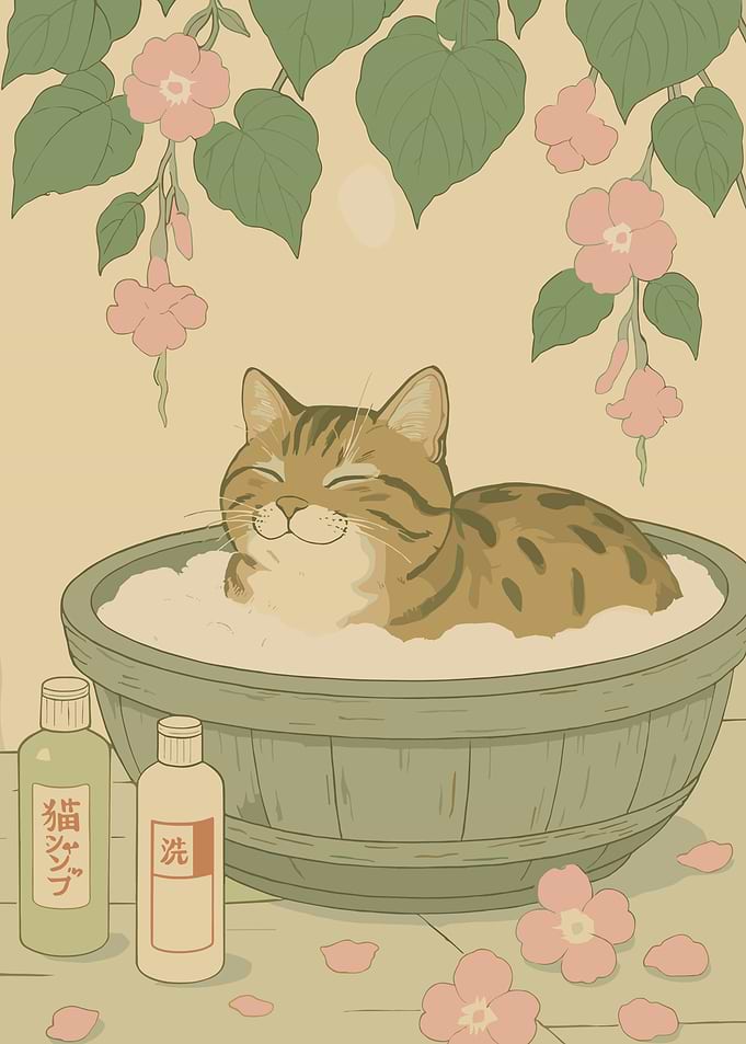 Cat Bath Time with Flowers