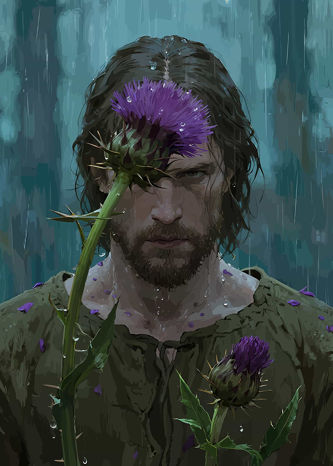 Rugged Figure with Purple Thistle in Somber Rain