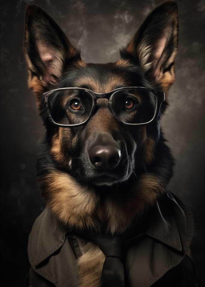 German Shepherd Dog with Glasses and Tie