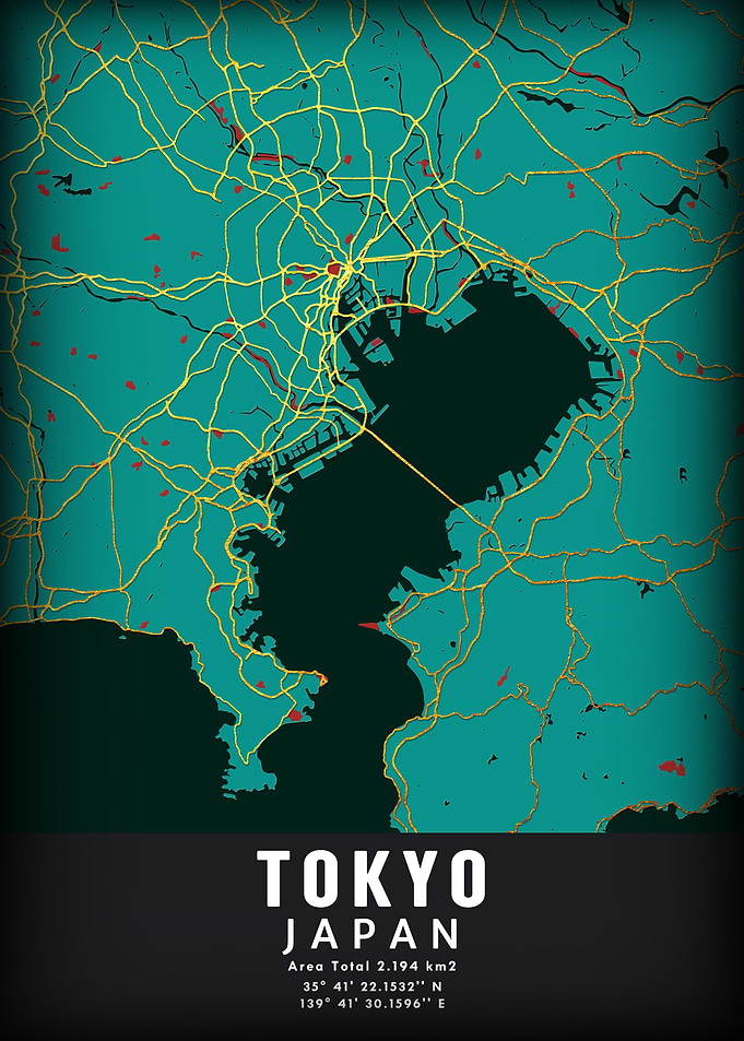 Tokyo Japan Map Teal and Gold