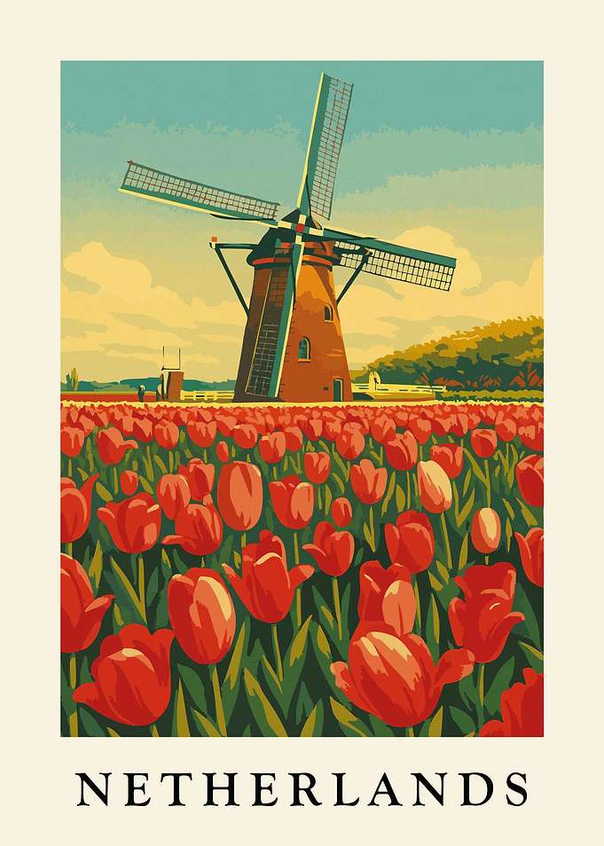 Netherlands Windmill and Tulips Illustration