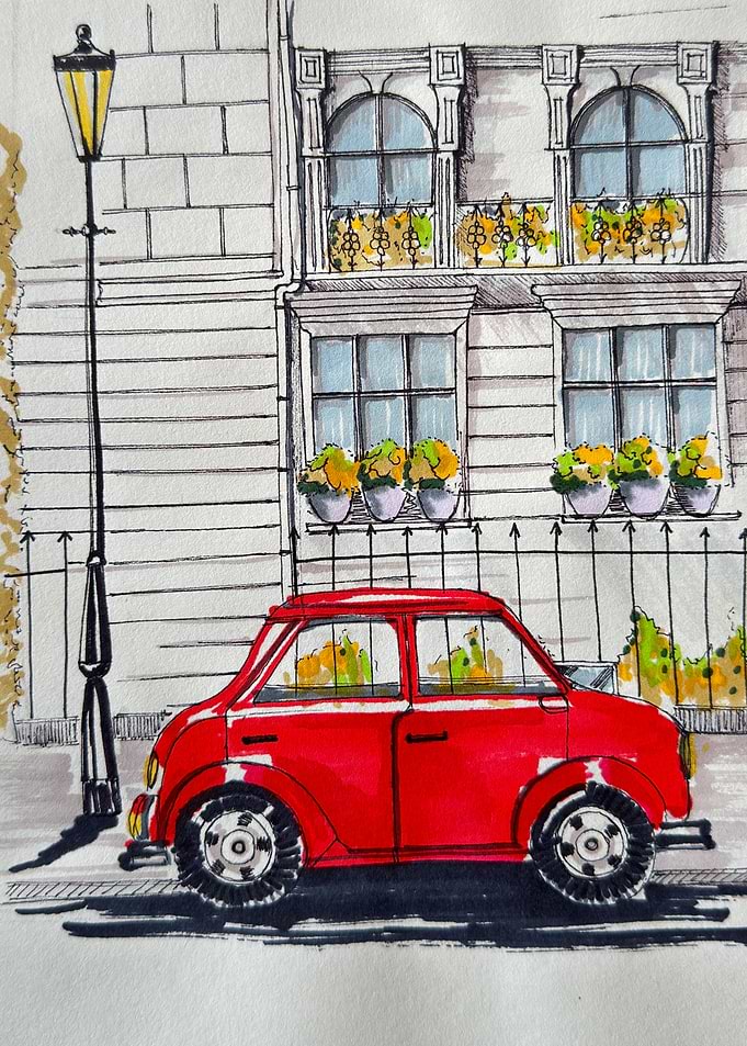 Red Car in Cityscape Illustration