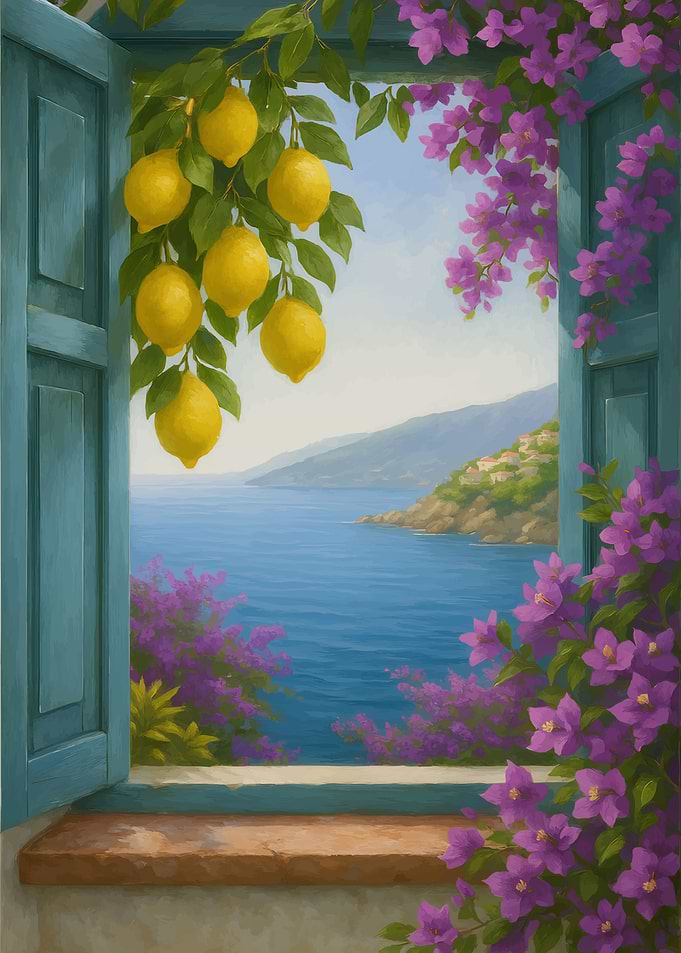 Coastal View Through Window with Lemons