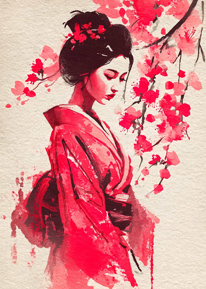 Geisha in Red Kimono with Cherry Blossoms