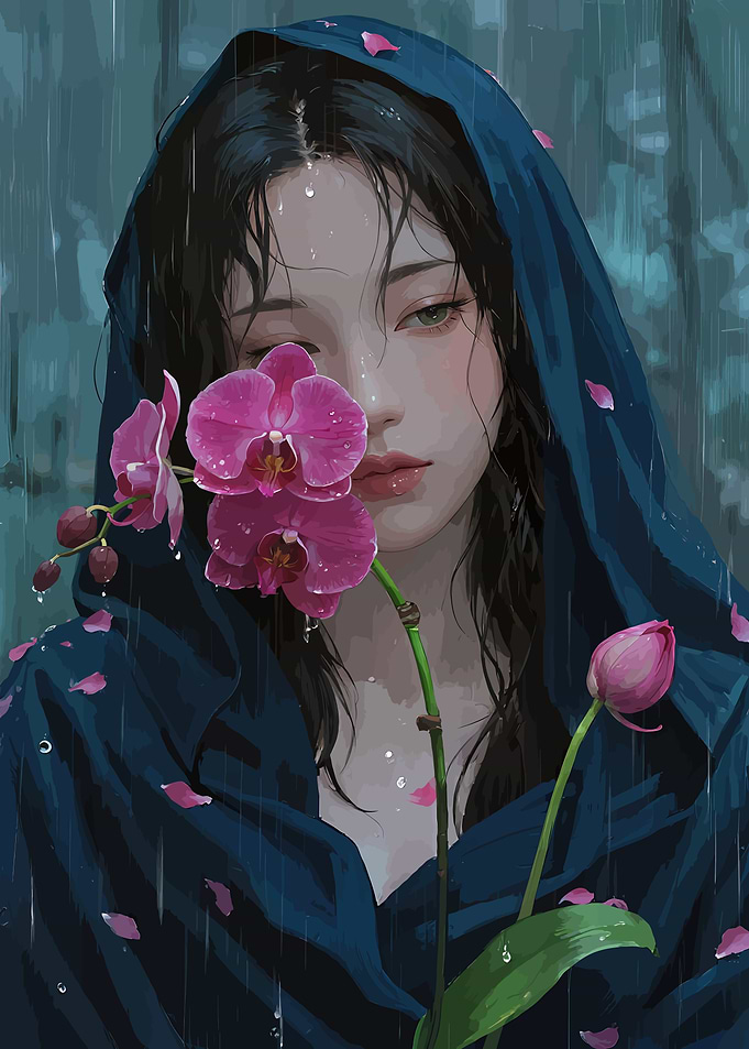 Elegant Figure with Fuchsia Orchid in Midnight Blue Rain
