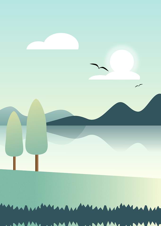 Minimalist Landscape with Lake and Mountains