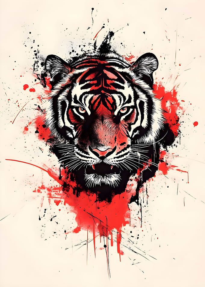 Tiger Portrait with Red and Black Splatters
