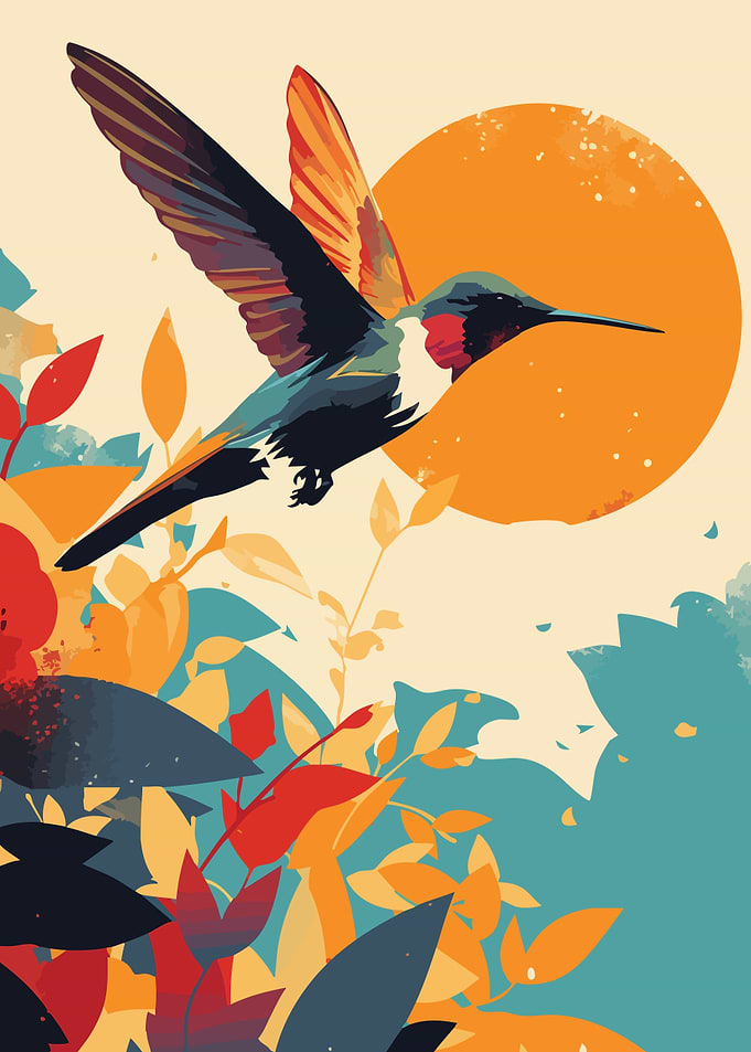 Hummingbird Floral Background Minimliast Art Illustration
