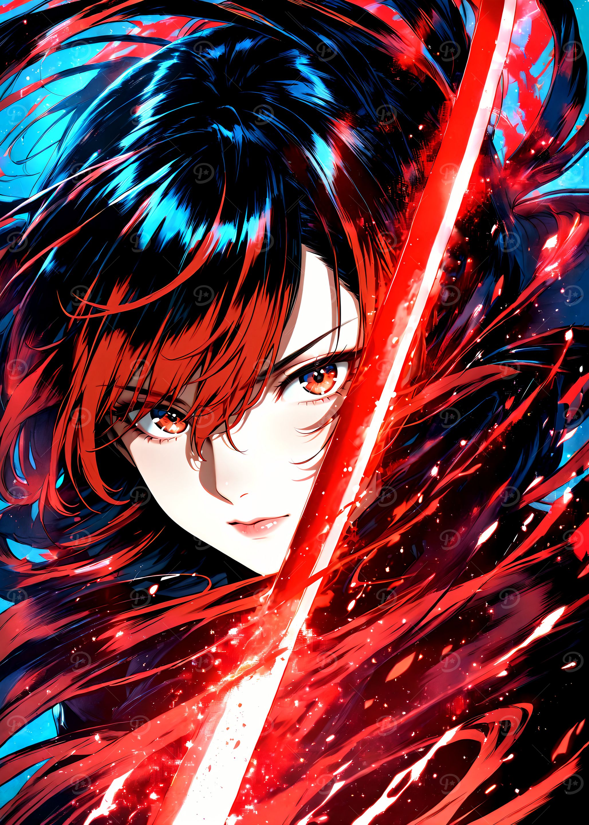 Crimson Anime Girl with Red Sword