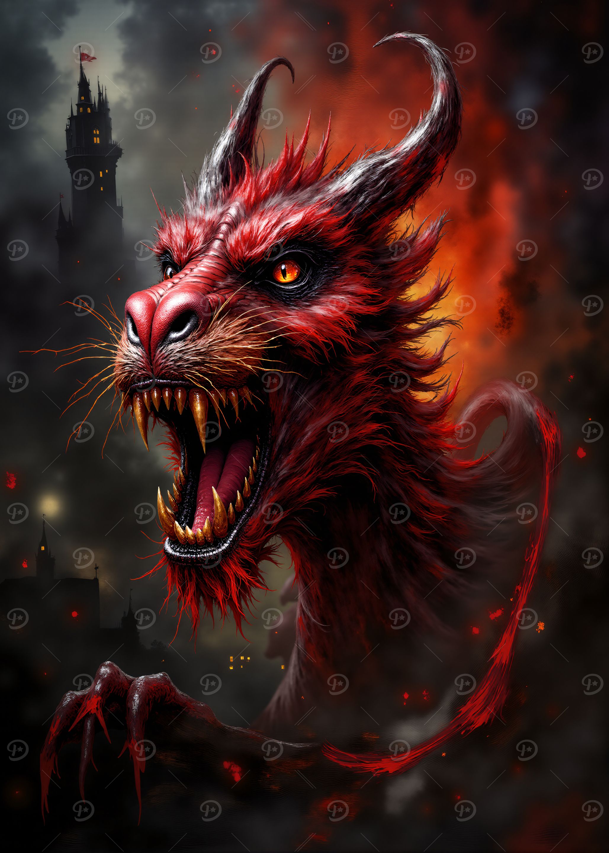 Red Dragon Roaring in Dark Fantasy Setting