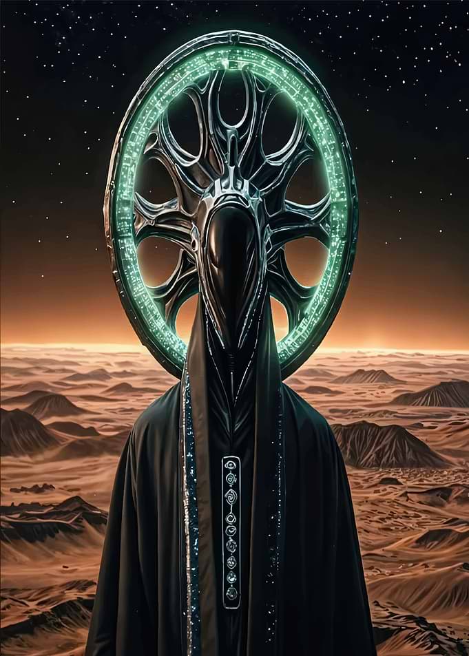 Alien figure with glowing wheel halo