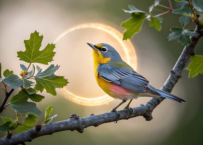Colorful Bird on Branch with Halo
