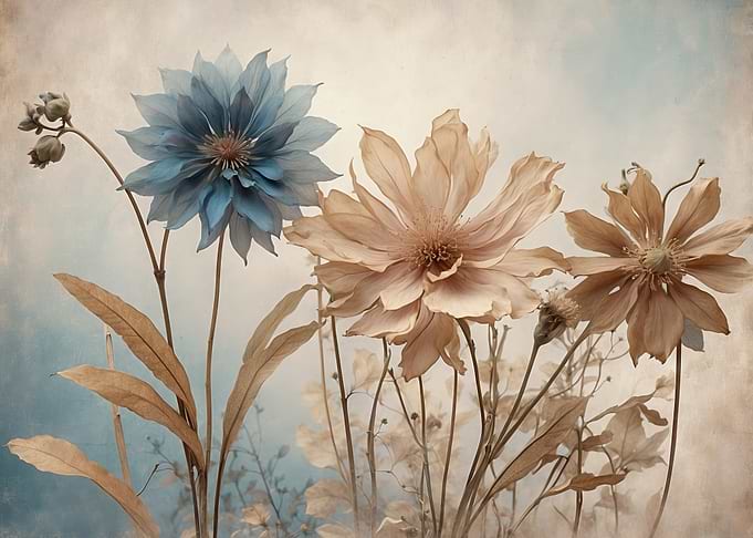 Floral Arrangement with Blue and Beige Flowers