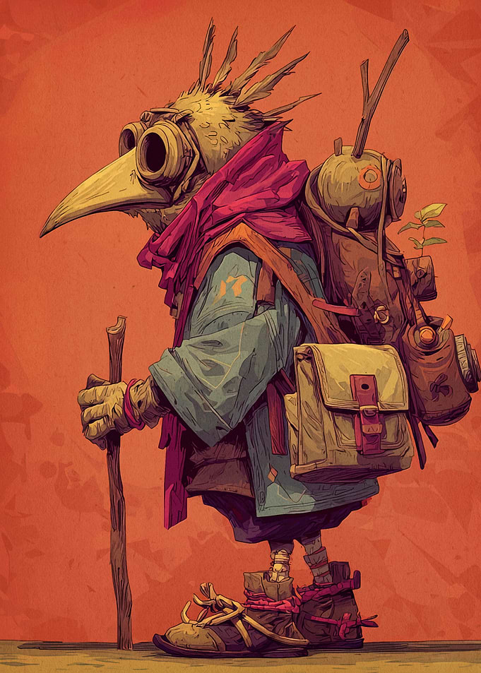 Bird Character with Backpack and Staff