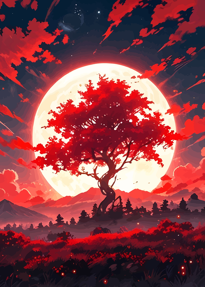 Red Tree Under a Pale Moon