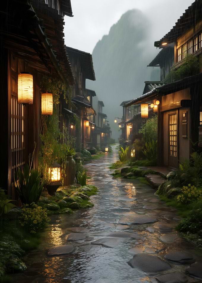 Rainy Japanese Street with Lanterns
