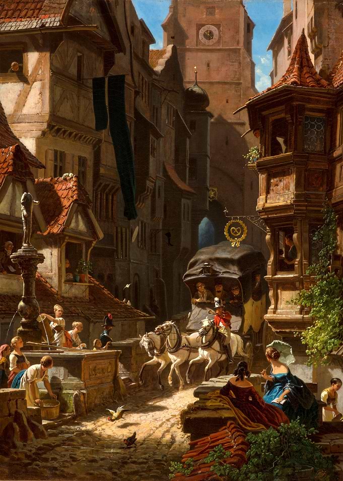 European Town Square Carriage Scene Painting