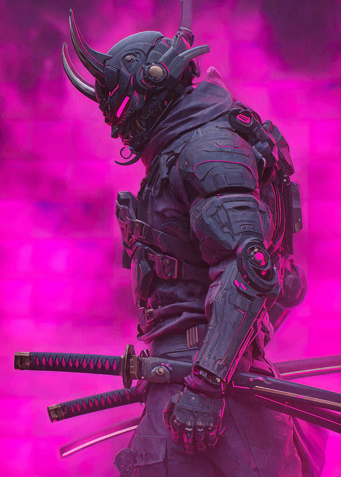 Cyberpunk Samurai Warrior in Pink Haze