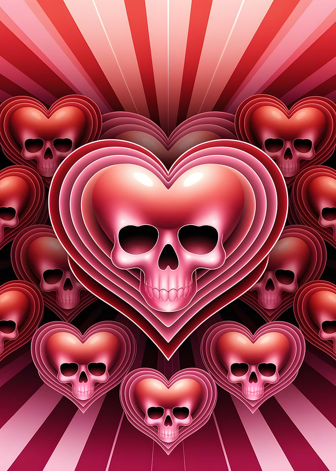 Heart Skulls with Red Rays