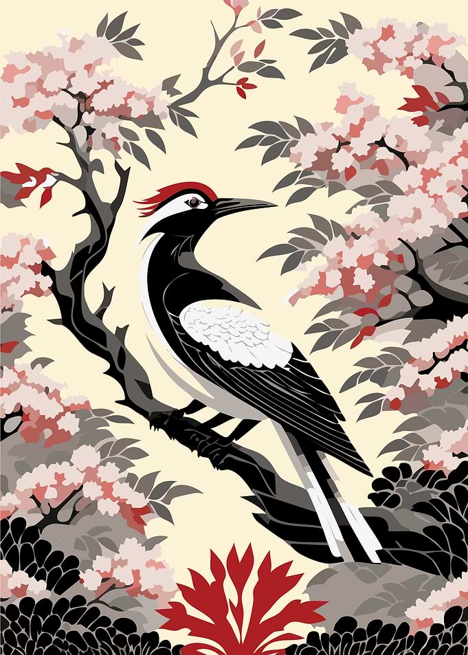 Woodpecker in Cherry Blossom Tree Art