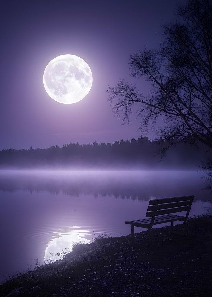 Moonlit Lake with Bench