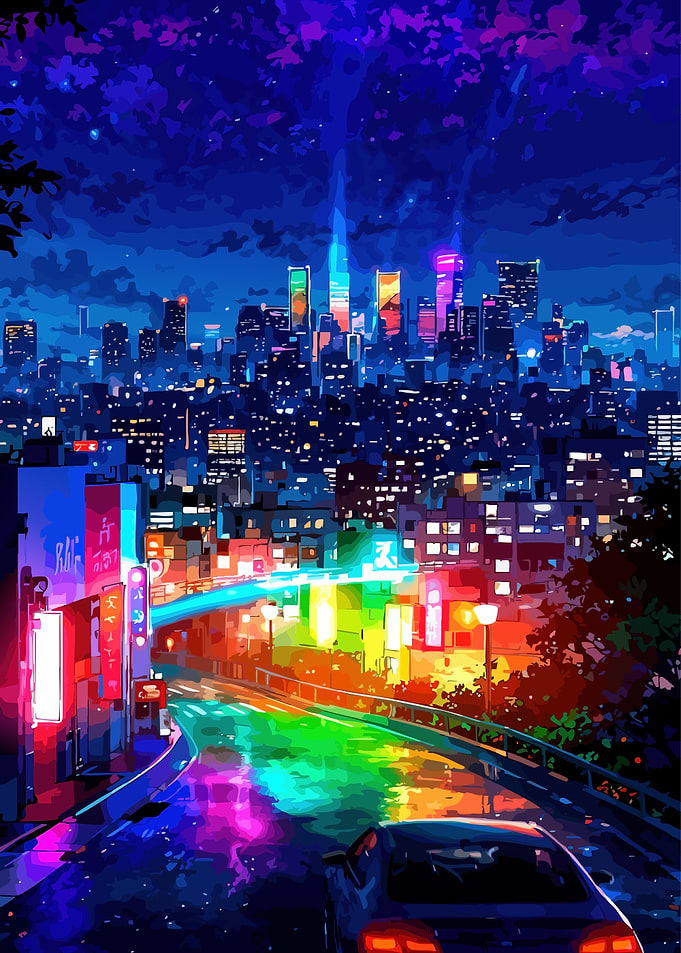 Night Cityscape with Neon Reflections