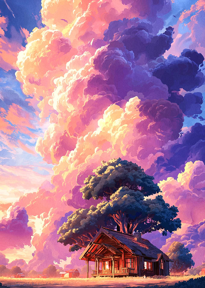 Cabin under a sky of clouds