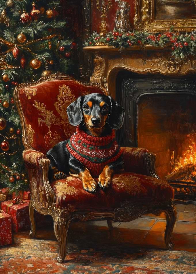 Christmas Dachshund in Armchair by Fireplace