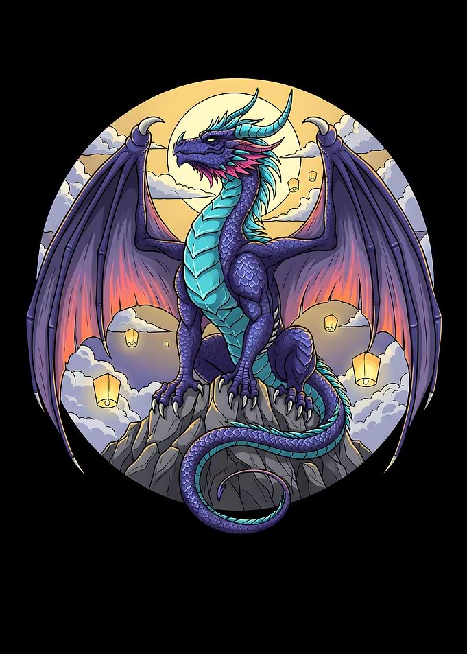 Dragon on Mountain with Lanterns