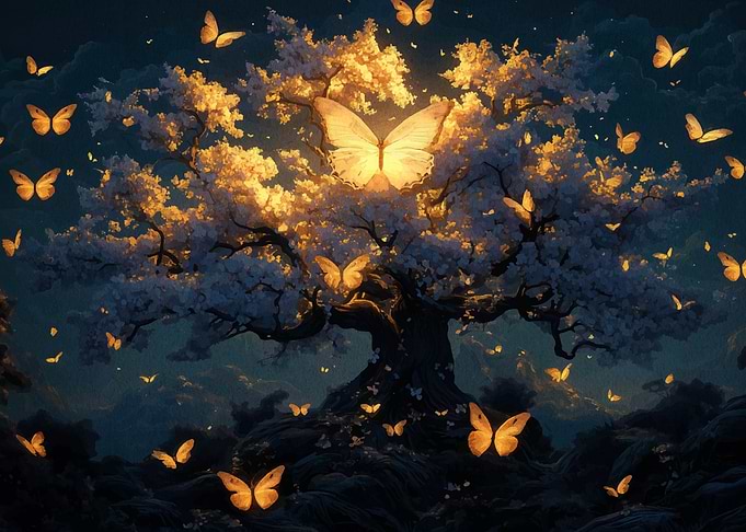 Glowing Butterflies Around a Blossoming Tree